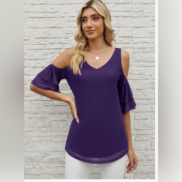 BNWT-2025-Cold Shoulder Short Sleeve Tunic Shirt V Neck Mesh 2 Layers Blouses - Picture 3 of 7